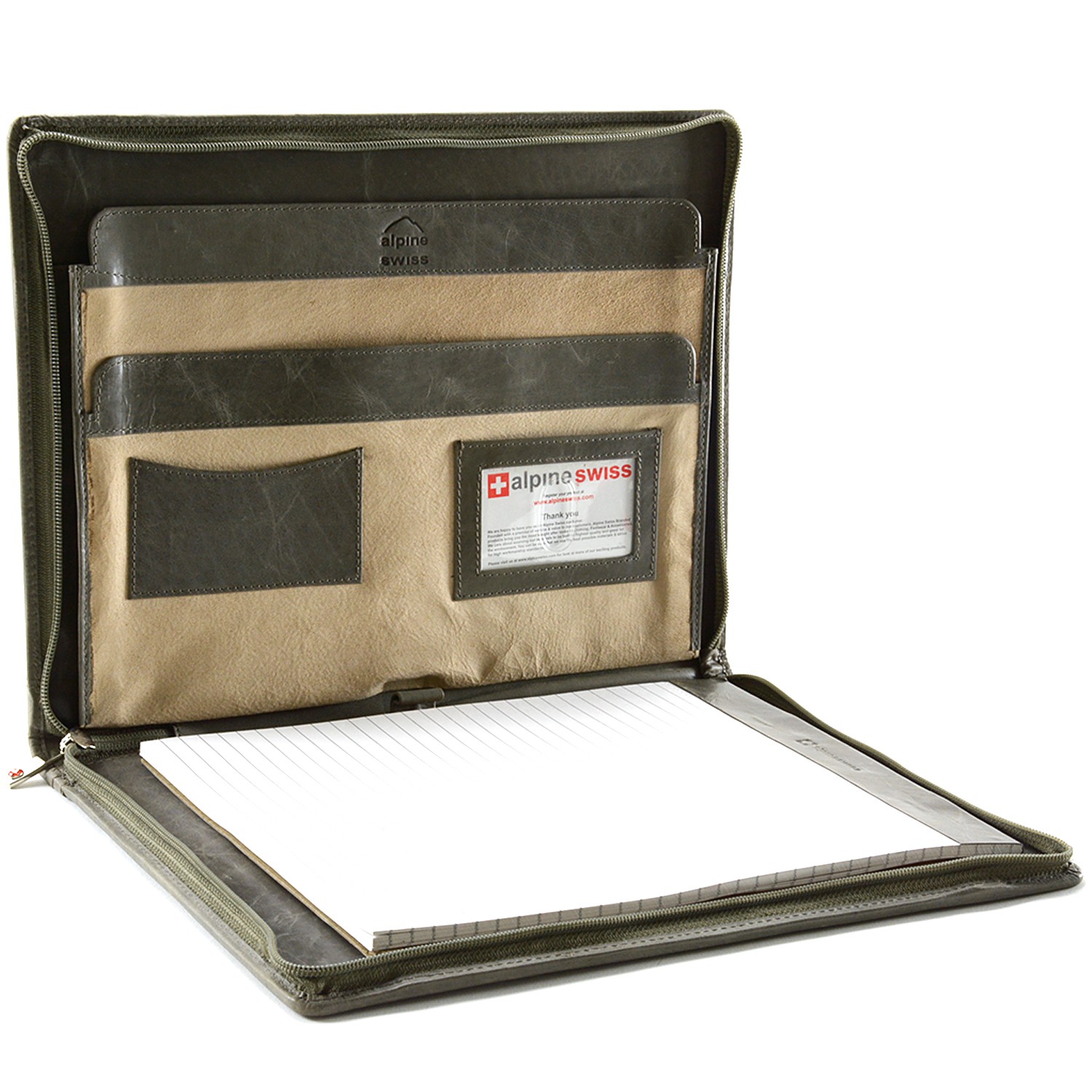 Alpine Swiss Leather Zippered Writing Pad Portfolio Business Briefcase Organizer eBay